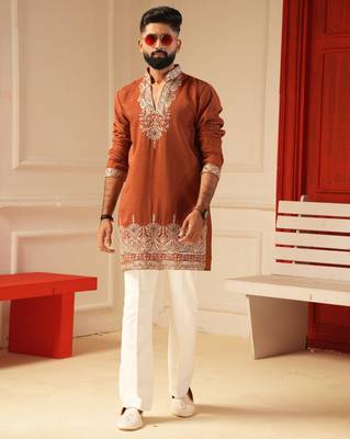 Rust v_neck beads embroiderd kurta for men sort kurta 1