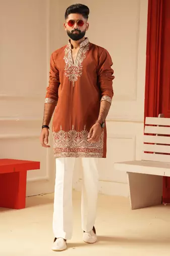 Rust v_neck beads embroiderd kurta for men sort kurta