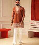 Rust v_neck beads embroiderd kurta for men sort kurta