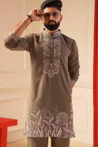 Grey color embroiderd kurta for men
