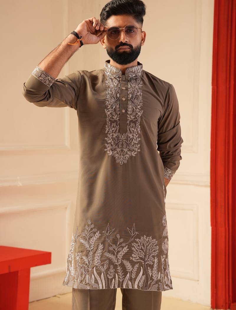 Grey color embroiderd kurta for men