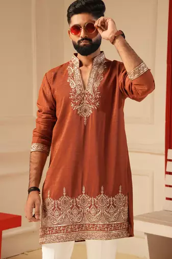 Rust v_neck beads embroiderd kurta for men sort kurta