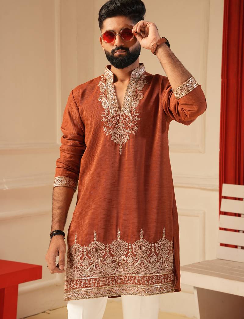 Rust v_neck beads embroiderd kurta for men sort kurta