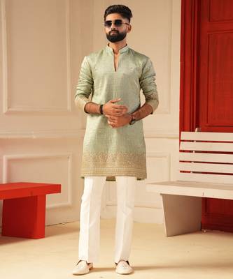 Pastel pista v_neck embroiderd kurta for men sort kurta 1