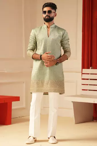 Pastel pista v_neck embroiderd kurta for men sort kurta