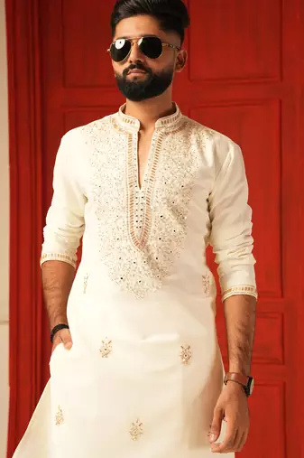 Cream v neck beads mirror embroiderd kurta for men