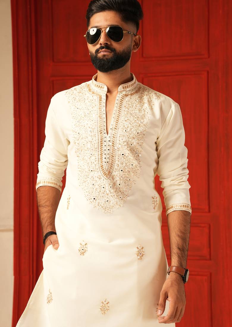 Cream v neck beads mirror embroiderd kurta for men
