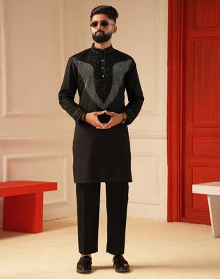 Black beads work sequence embroiderd kurta for men sort kurta 1