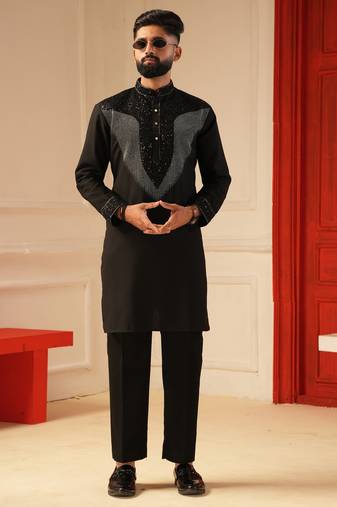Black beads work sequence embroiderd kurta for men sort kurta