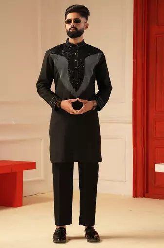 Black beads work sequence embroiderd kurta for men sort kurta