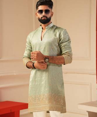 Pastel pista v_neck embroiderd kurta for men sort kurta 2