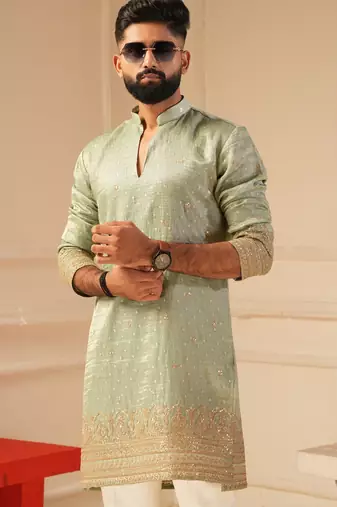Pastel pista v_neck embroiderd kurta for men sort kurta