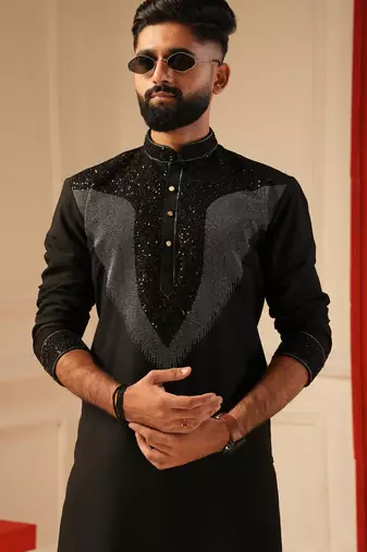 Black beads work sequence embroiderd kurta for men sort kurta