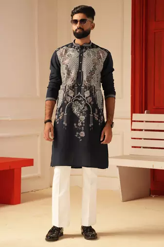 Navy blue embroidered kurta for men | premium sort kurta