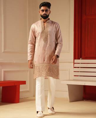 Pastel pink v_neck beads embroidered kurta for men sort kurta 1