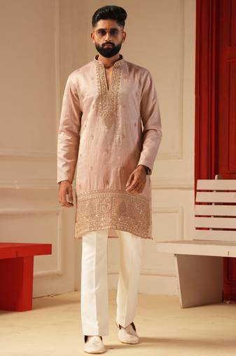 Pastel pink v_neck beads embroidered kurta for men sort kurta