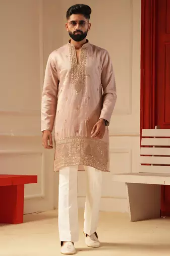 Pastel pink v_neck beads embroidered kurta for men sort kurta