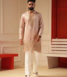 Pastel pink v_neck beads embroidered kurta for men sort kurta