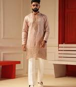 Pastel pink v_neck beads embroidered kurta for men sort kurta