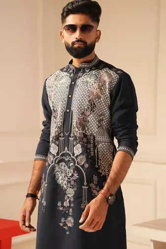 Navy blue embroidered kurta for men | premium sort kurta