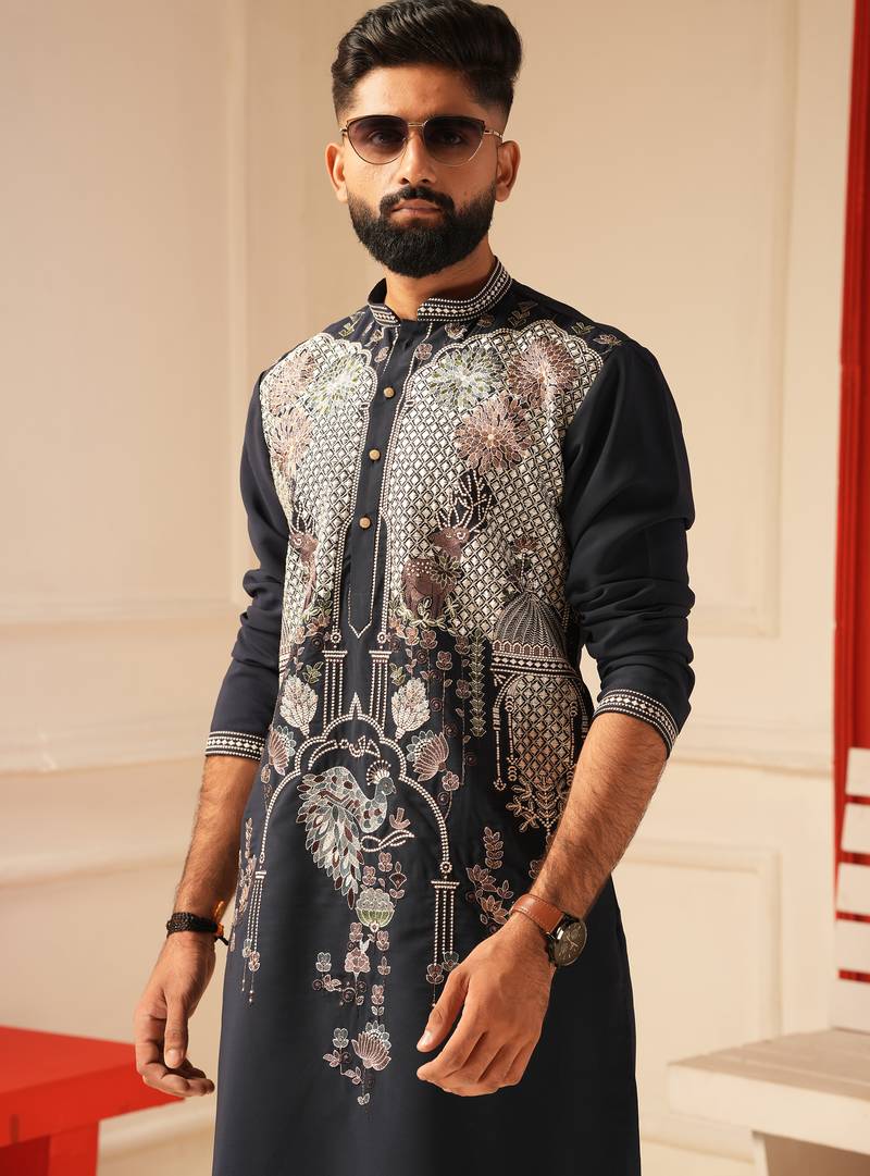 Navy blue embroidered kurta for men | premium sort kurta