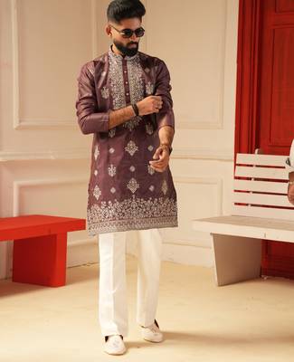 Pastel wine embroidered kurta for men sort kurta 1