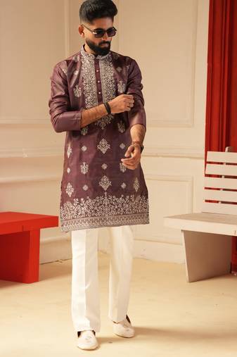 Pastel wine embroidered kurta for men sort kurta