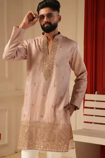 Pastel pink v_neck beads embroidered kurta for men sort kurta
