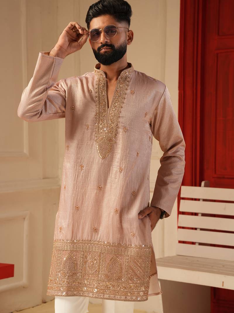 Pastel pink v_neck beads embroidered kurta for men sort kurta