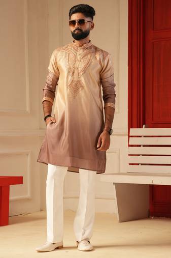 Chocolate shaded embroidered kurta for men sort kurta