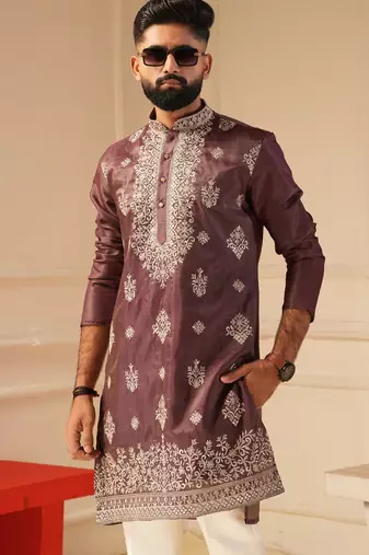 Pastel wine embroidered kurta for men sort kurta