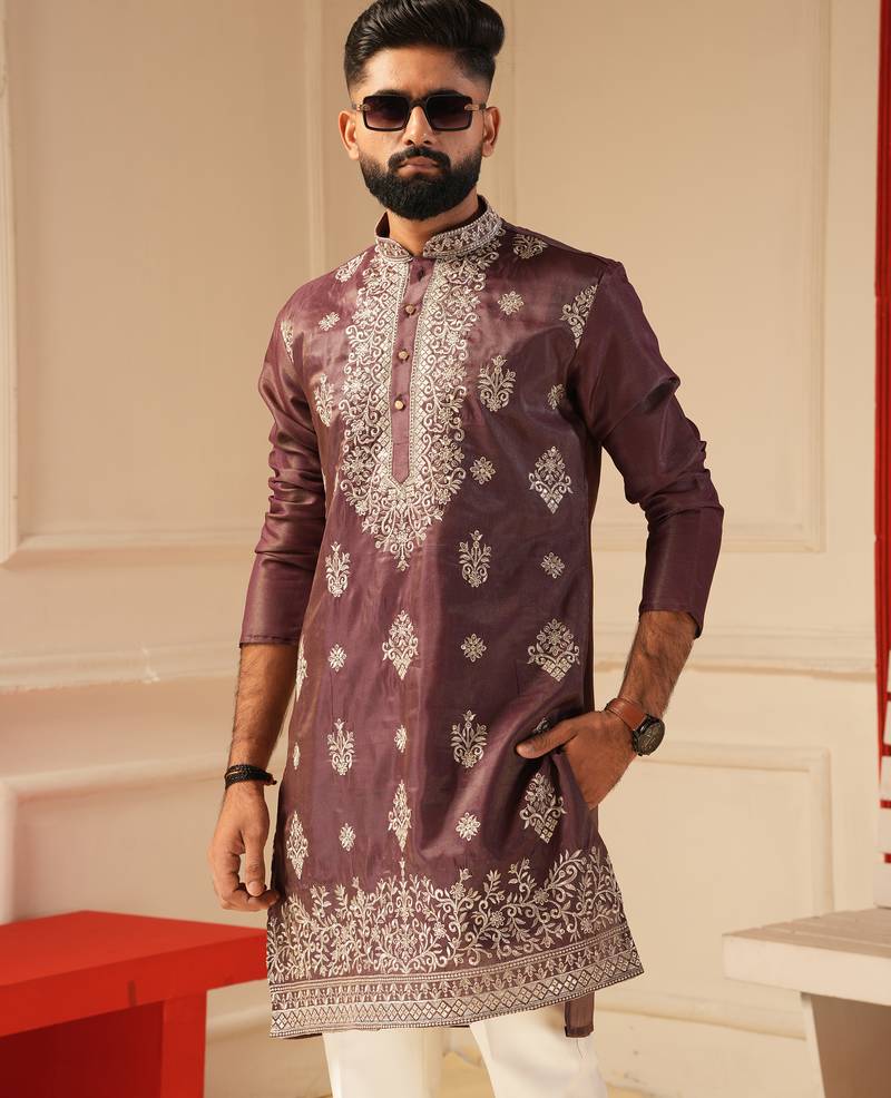 Pastel wine embroidered kurta for men sort kurta