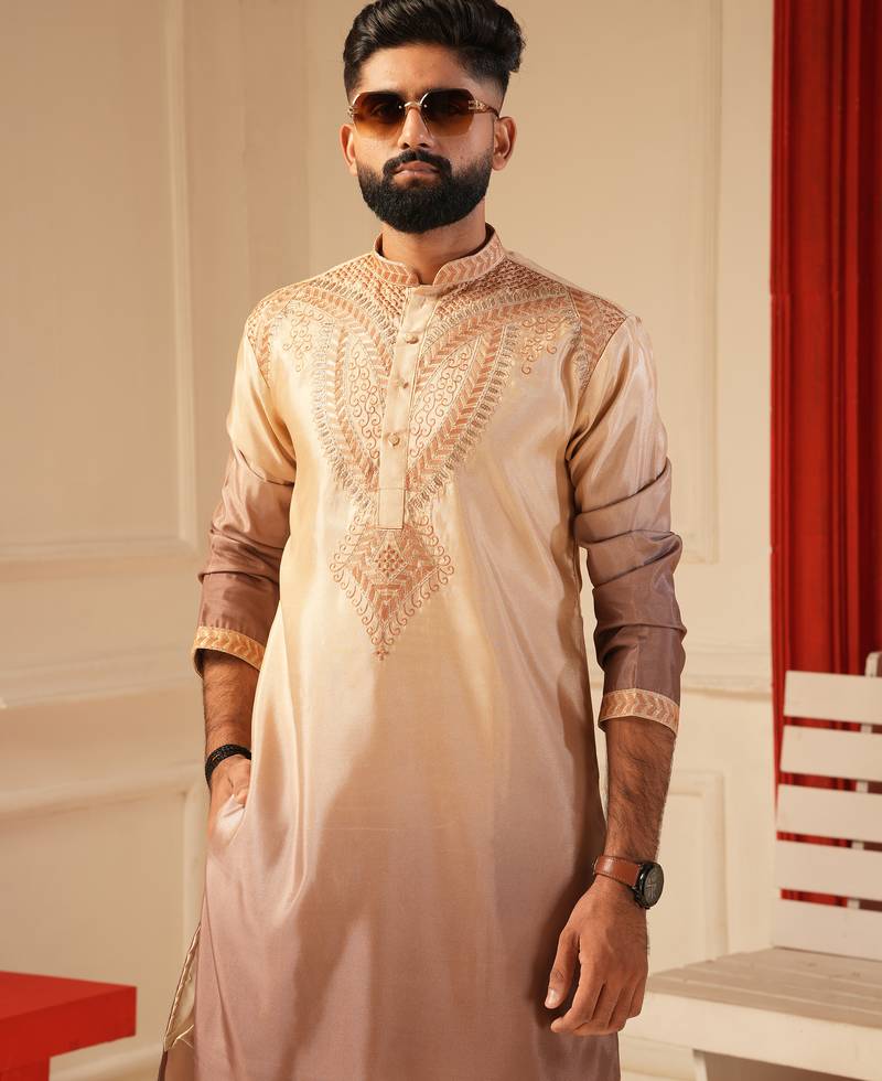 Chocolate shaded embroidered kurta for men sort kurta