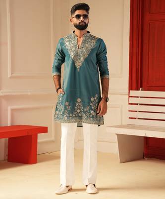 Peacock blue v_neck beads work kurta for men sort kurta 1
