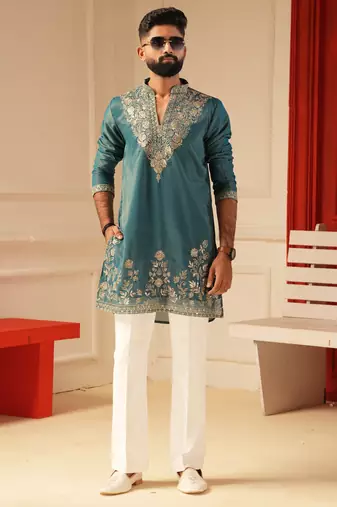 Peacock blue v_neck beads work kurta for men sort kurta