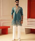 Peacock blue v_neck beads work kurta for men sort kurta