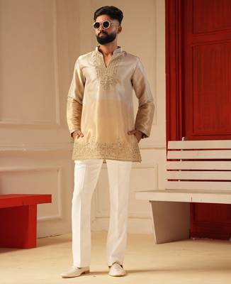 Cream gold v_neck beads work kurta for men sort kurta 1