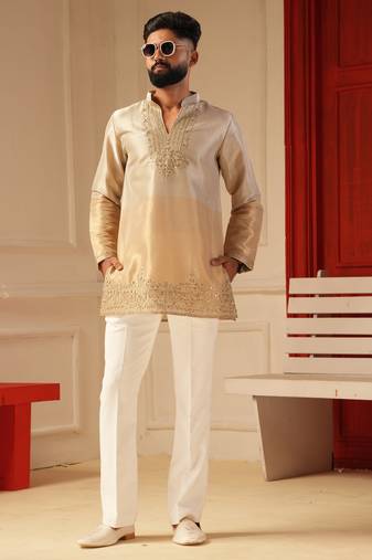 Cream gold v_neck beads work kurta for men sort kurta