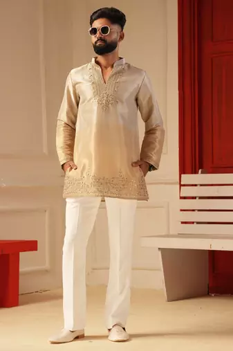 Cream gold v_neck beads work kurta for men sort kurta