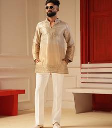 Cream gold v_neck beads work kurta for men sort kurta