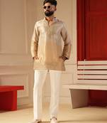 Cream gold v_neck beads work kurta for men sort kurta
