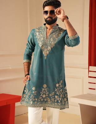 Peacock blue v_neck beads work kurta for men sort kurta 2