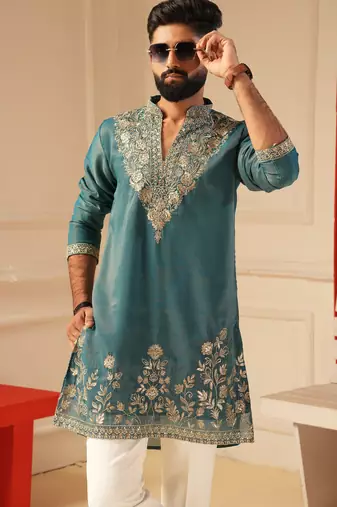 Peacock blue v_neck beads work kurta for men sort kurta