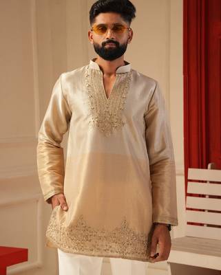 Cream gold v_neck beads work kurta for men sort kurta 2