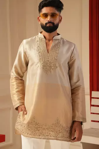 Cream gold v_neck beads work kurta for men sort kurta