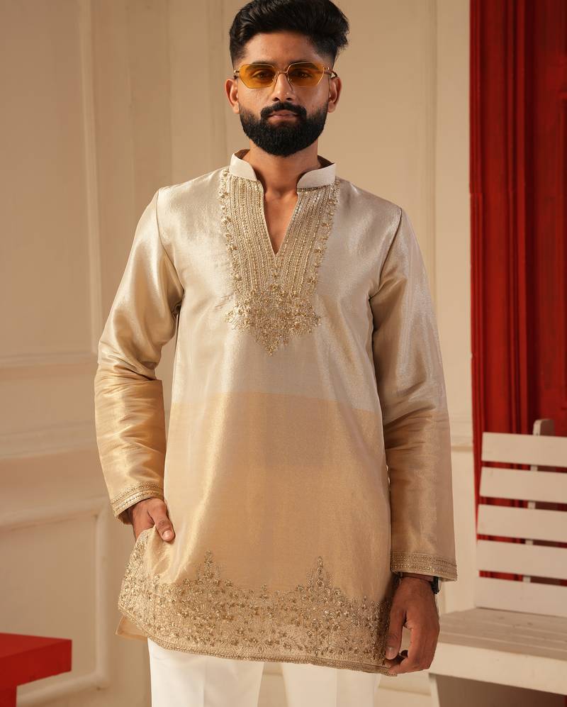Cream gold v_neck beads work kurta for men sort kurta
