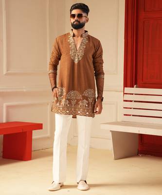 Tan v_neck kurta for men sort kurta 1