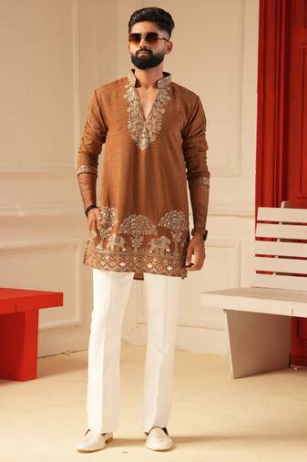 Tan V-Neck Short Kurta for Men