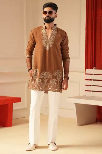 Tan v_neck kurta for men sort kurta
