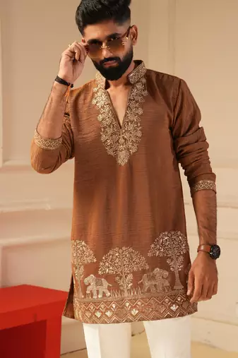 Tan v_neck kurta for men sort kurta